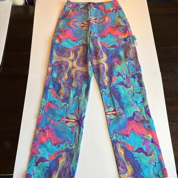 Blue Marble Swirl Trippy Utility Cargo Straight-Leg Pants Bottoms Jeans Sz S Y2K - Picture 4 of 8